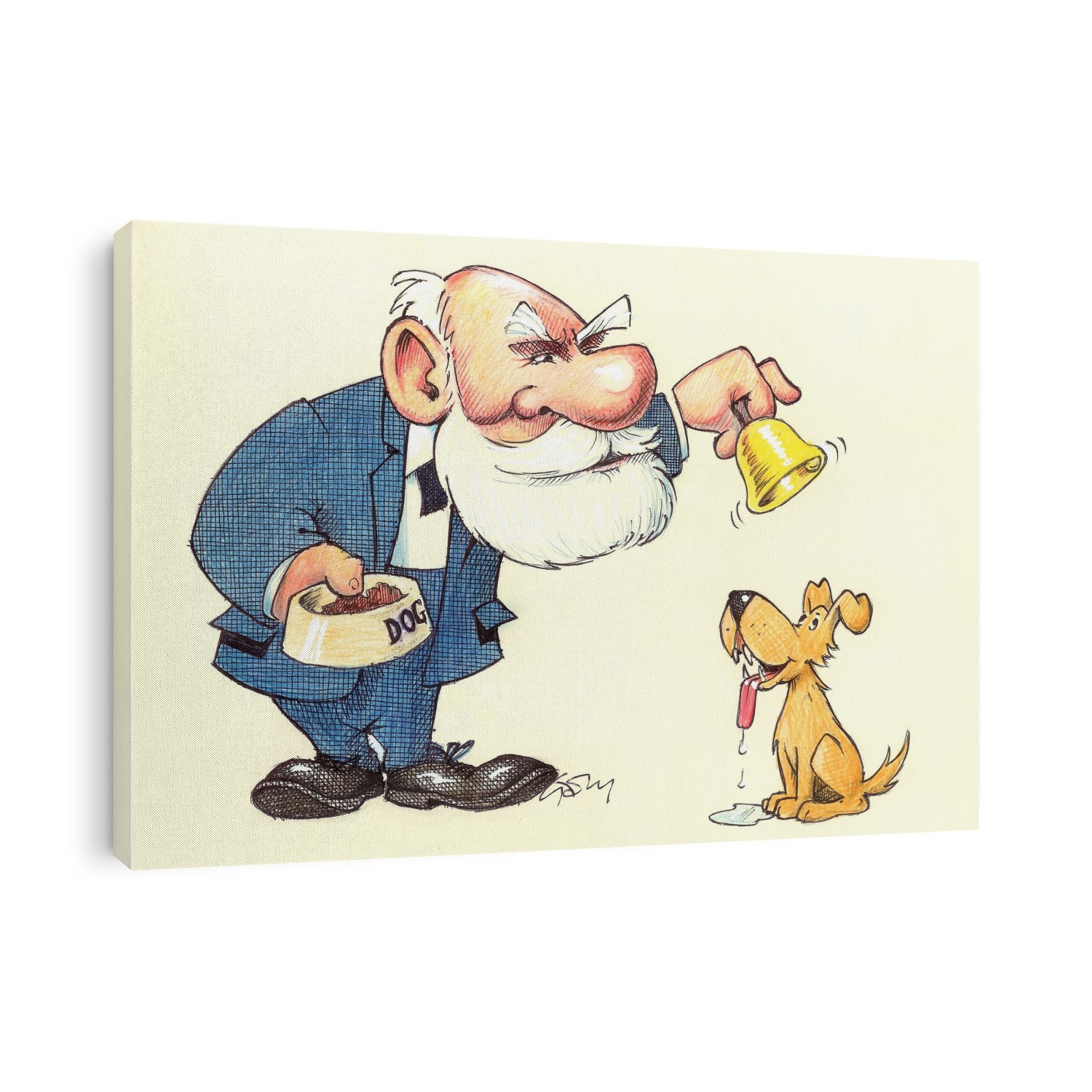 Ivan Pavlov (1849-1936). Caricature of the Russian physiologist and experimental psychologist Ivan Petrovich Pavlov, ringing a bell to make a dog salivate. Pavlov's most famous work was on the reflex actions of animals, notably the idea of conditioning of reflexes by repeated reward or punishment stimuli. His work revealed the conditioned reflex, which was later seen as supporting Behaviourism. He received the 1904 Nobel Prize for Physiology or Medicine, for his work on the physiology of the digestive glands.