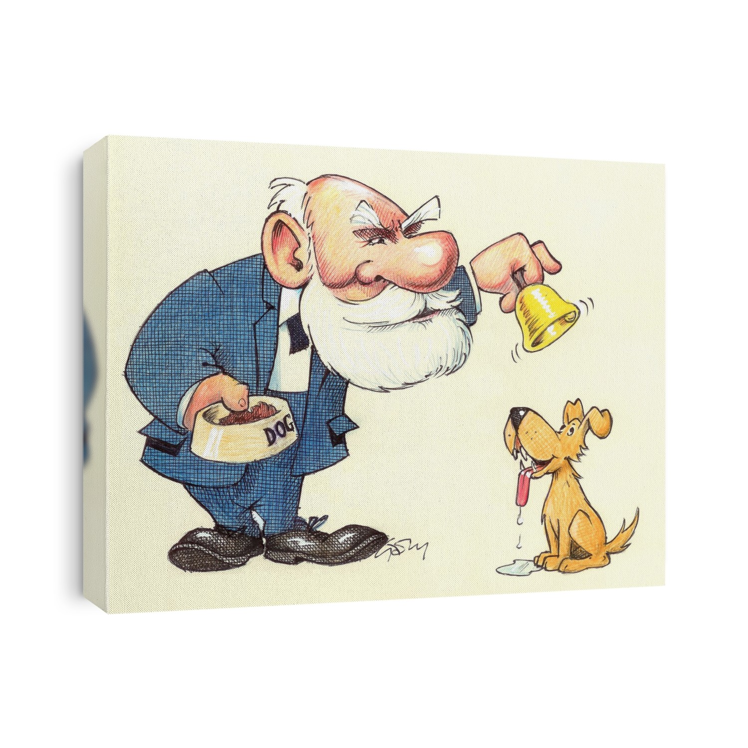 Ivan Pavlov (1849-1936). Caricature of the Russian physiologist and experimental psychologist Ivan Petrovich Pavlov, ringing a bell to make a dog salivate. Pavlov's most famous work was on the reflex actions of animals, notably the idea of conditioning of reflexes by repeated reward or punishment stimuli. His work revealed the conditioned reflex, which was later seen as supporting Behaviourism. He received the 1904 Nobel Prize for Physiology or Medicine, for his work on the physiology of the digestive glands.