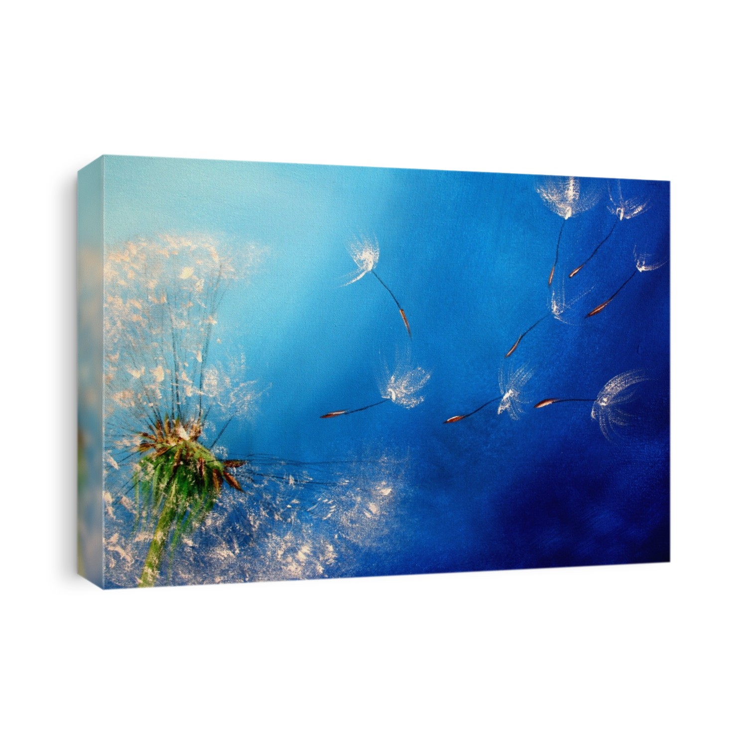 Acrylic painted scene with a single dandelion flower against blue background. Art created by photographer